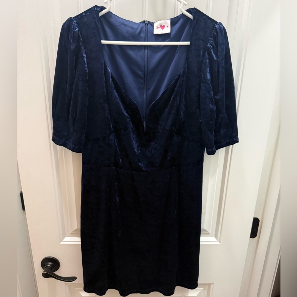 Buddy Love Dark Blue Velvet Dress with Pink Label Detail
